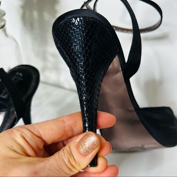 Charles by Charles David Black Satin Snakeskin Stiletto Heels Ankle Strap - Picture 5 of 14